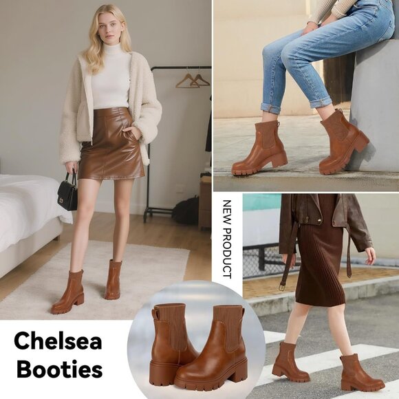 Women Tan Suede Low Wedge Heel Slip On Chunky Platform Chelsea Ankle Boots - Picture 6 of 6